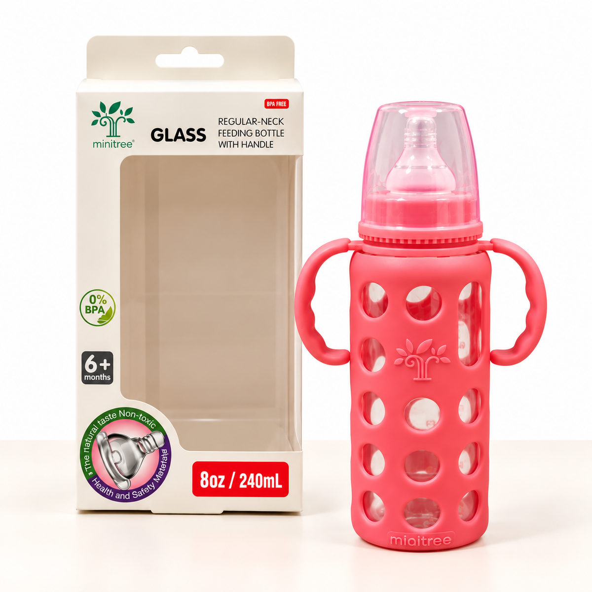 Minitree 240ml Glass Baby Feeding Bottle with Handles
