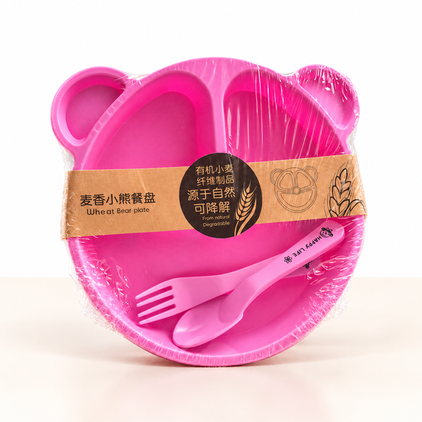Pink Bear-Shaped Baby Plate Set with Spoon & Fork – Wheat Fiber