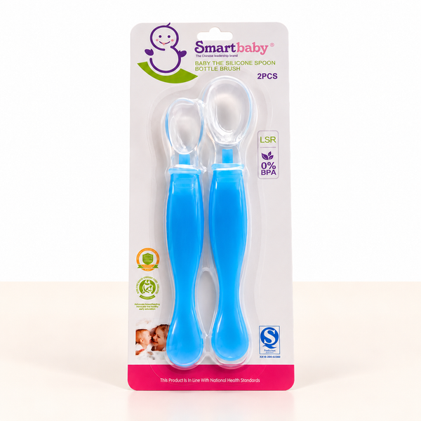 Smartbaby নীল সিলিকন বেবি চামচ সেট প্যাকেজিংসহ